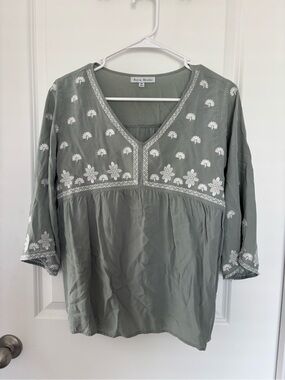 Stevie Hender Olive Embroidered V-Neck Tunic